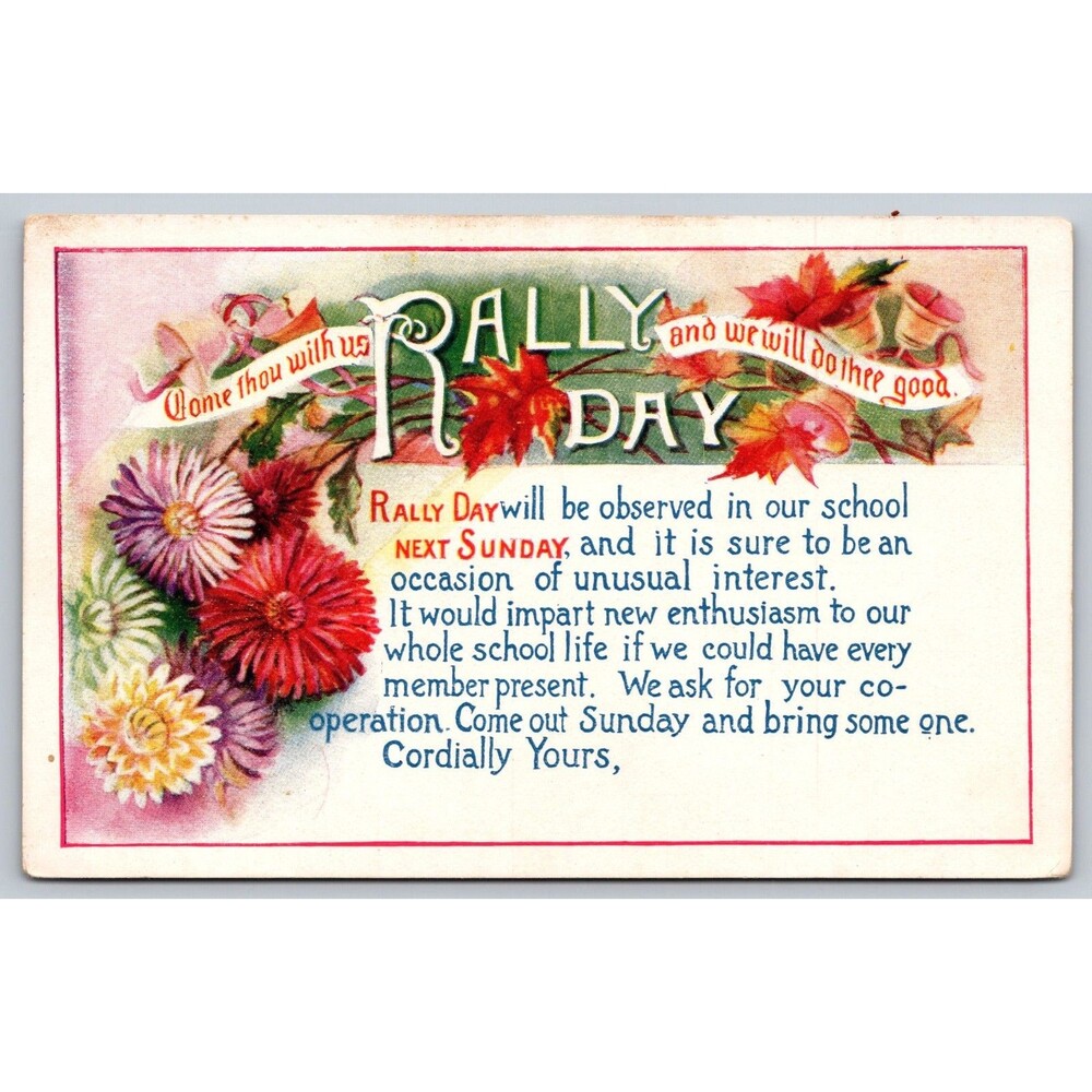 1912 Rally Day Sunday School Postcard Goodenough & Woglom Ebenezer Floral Vtg
